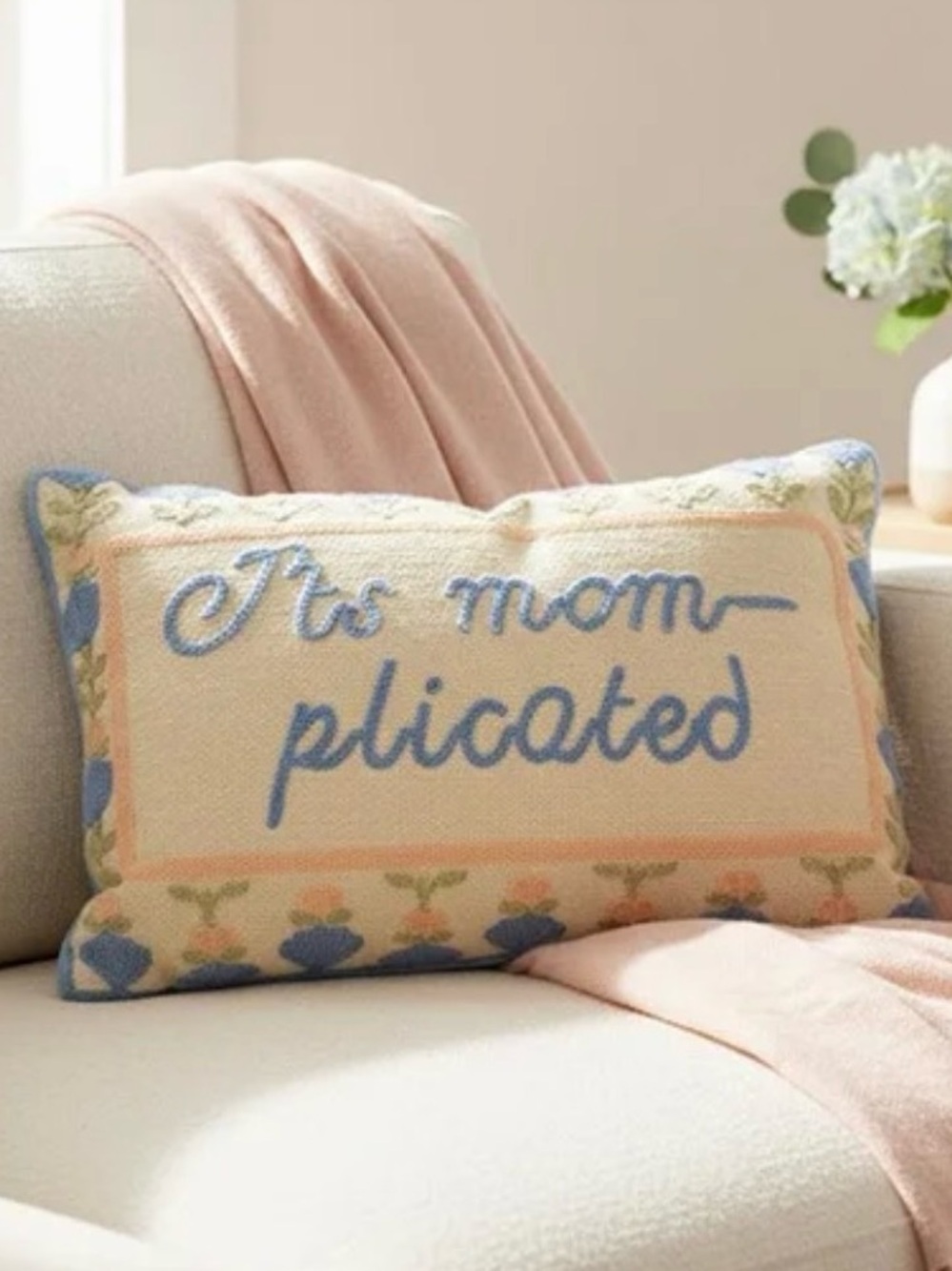 "It's Mom-plicated" Embroidered Accent Pillow in Cream and Blue